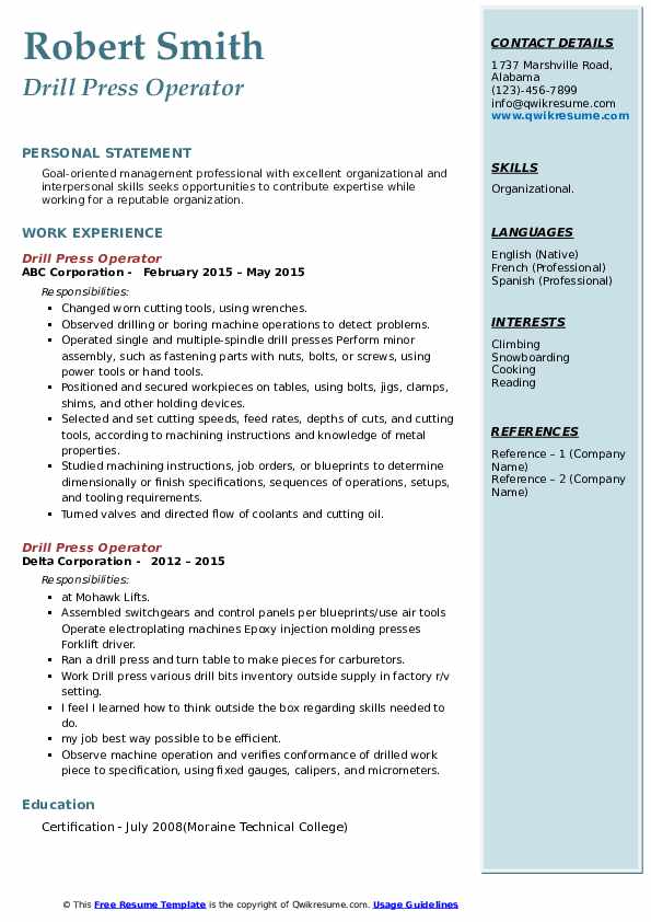 Drill Press Operator Resume Samples QwikResume