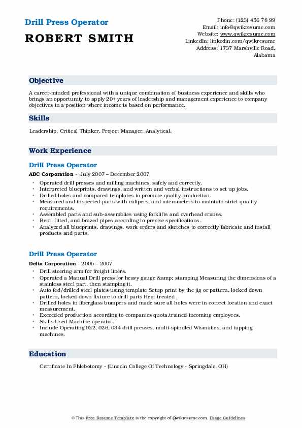 Drill Press Operator Resume Samples QwikResume