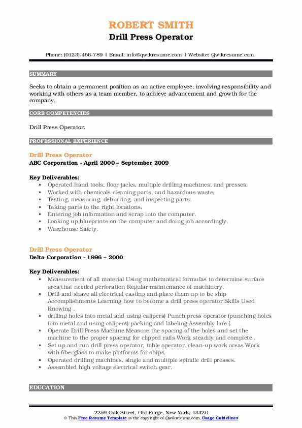 Drill Press Operator Resume Samples QwikResume