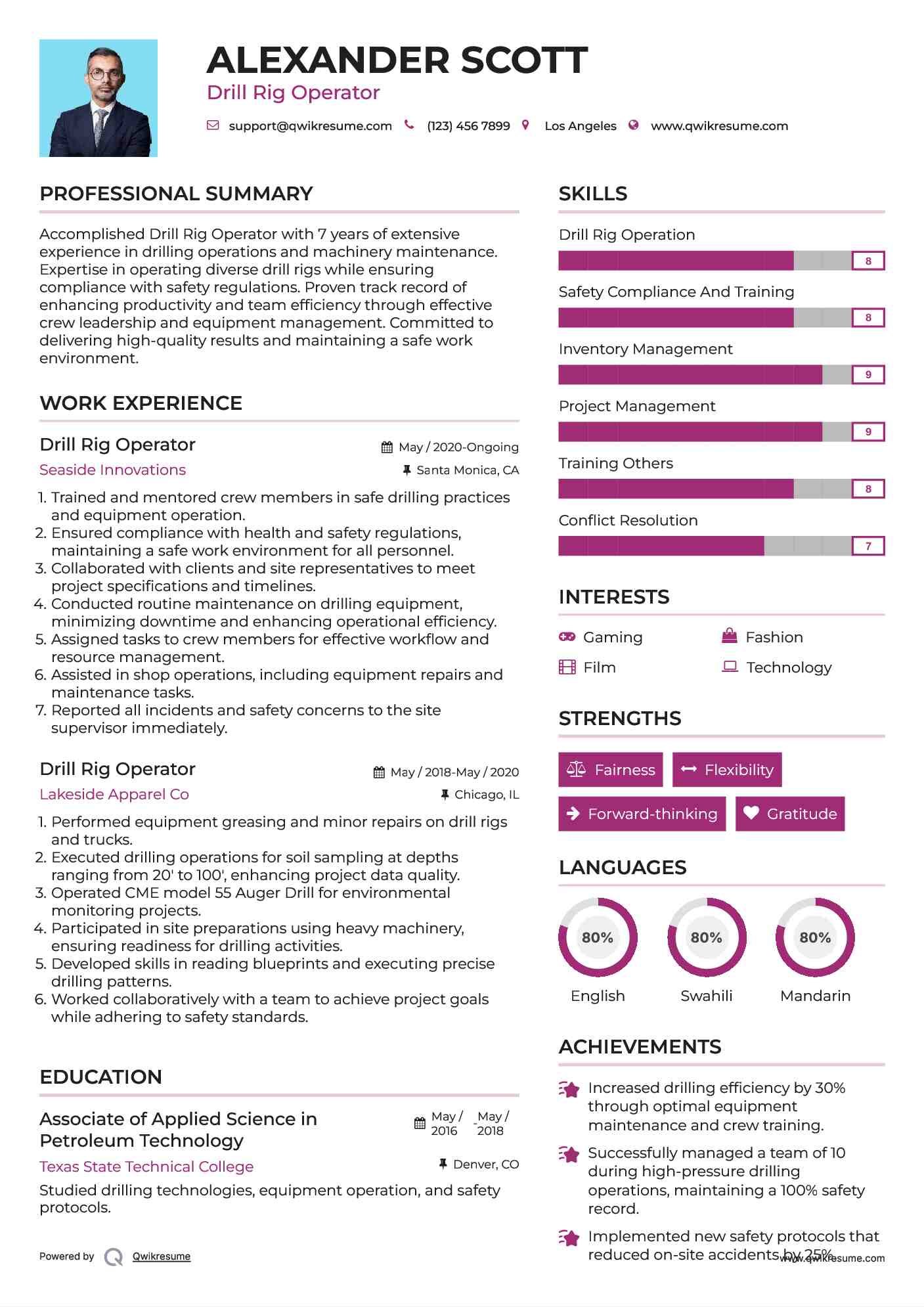 Drill Rig Operator Resume Sample