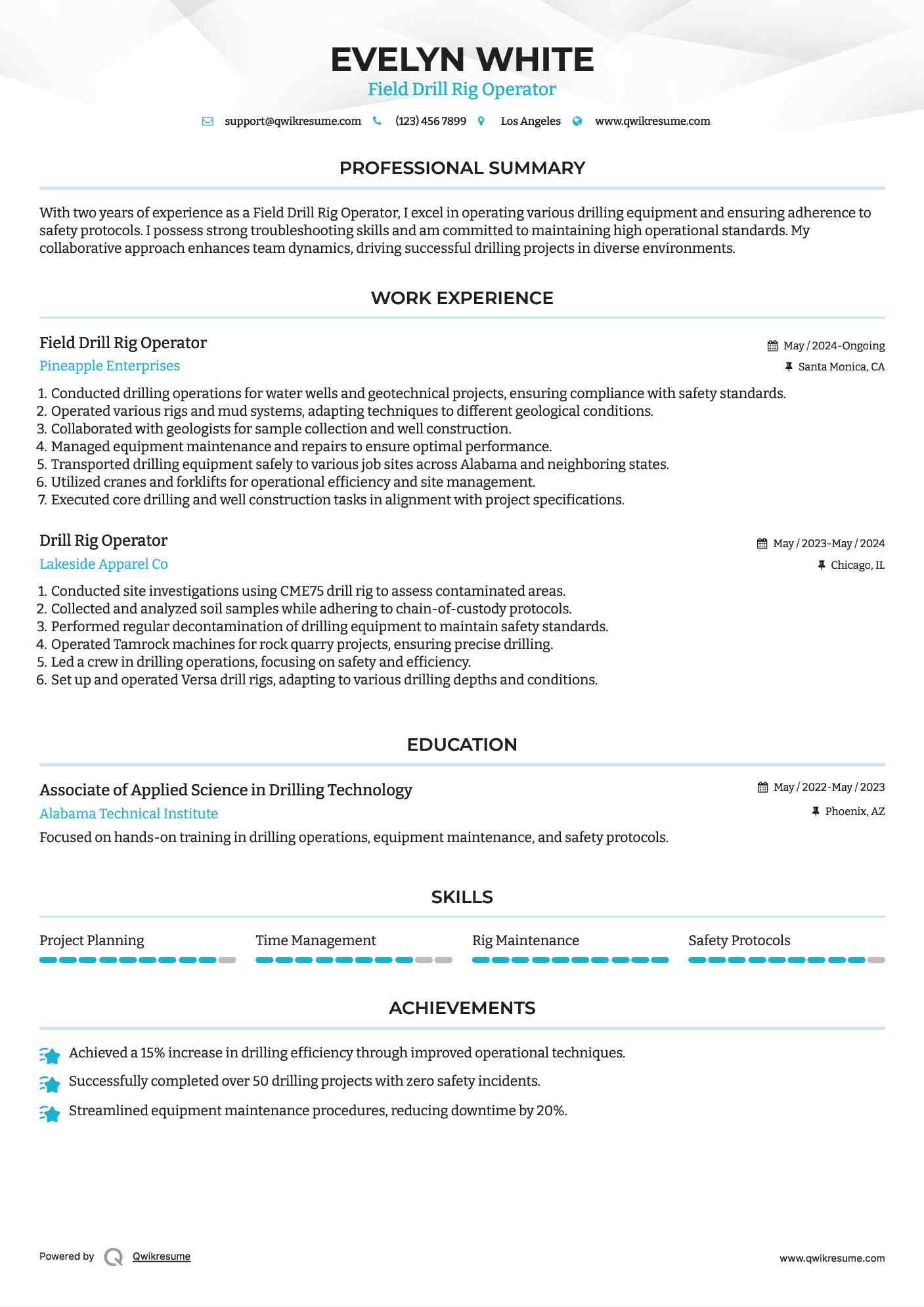 Field Drill Rig Operator Resume Example