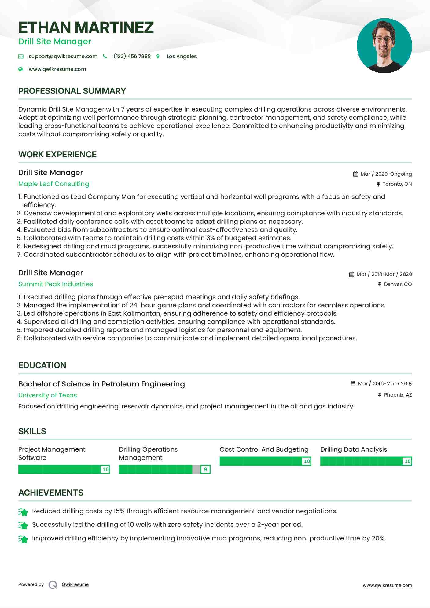 Drill Site Manager Resume Model