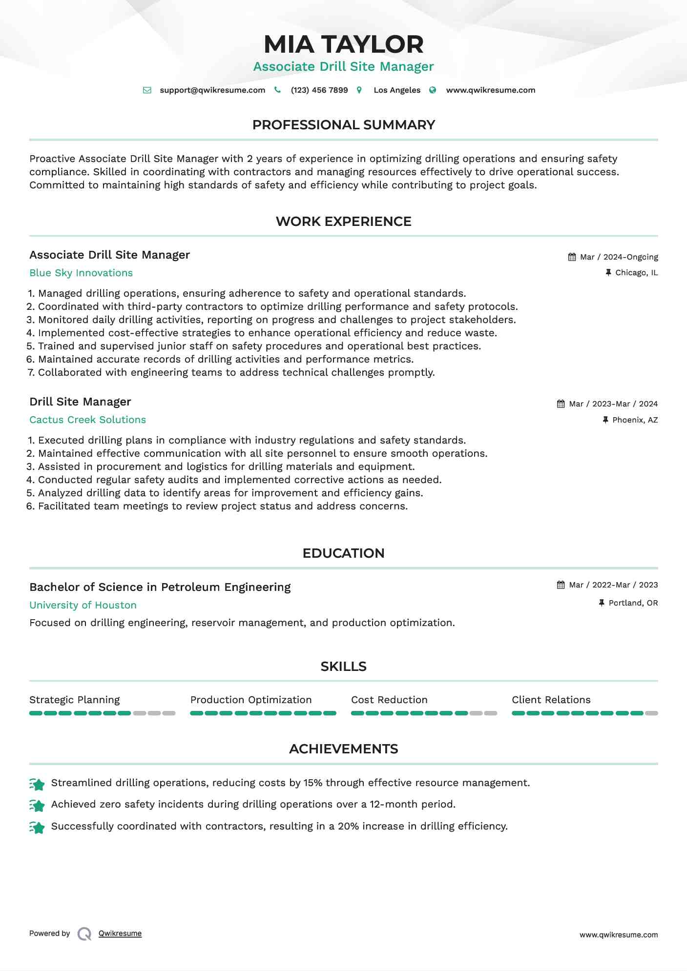 Associate Drill Site Manager Resume Sample