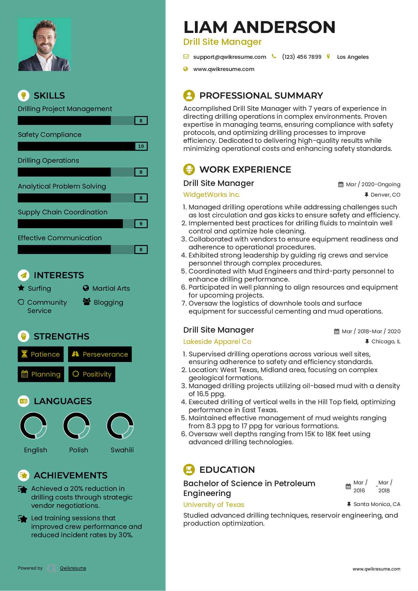 Drill Site Manager Resume Model