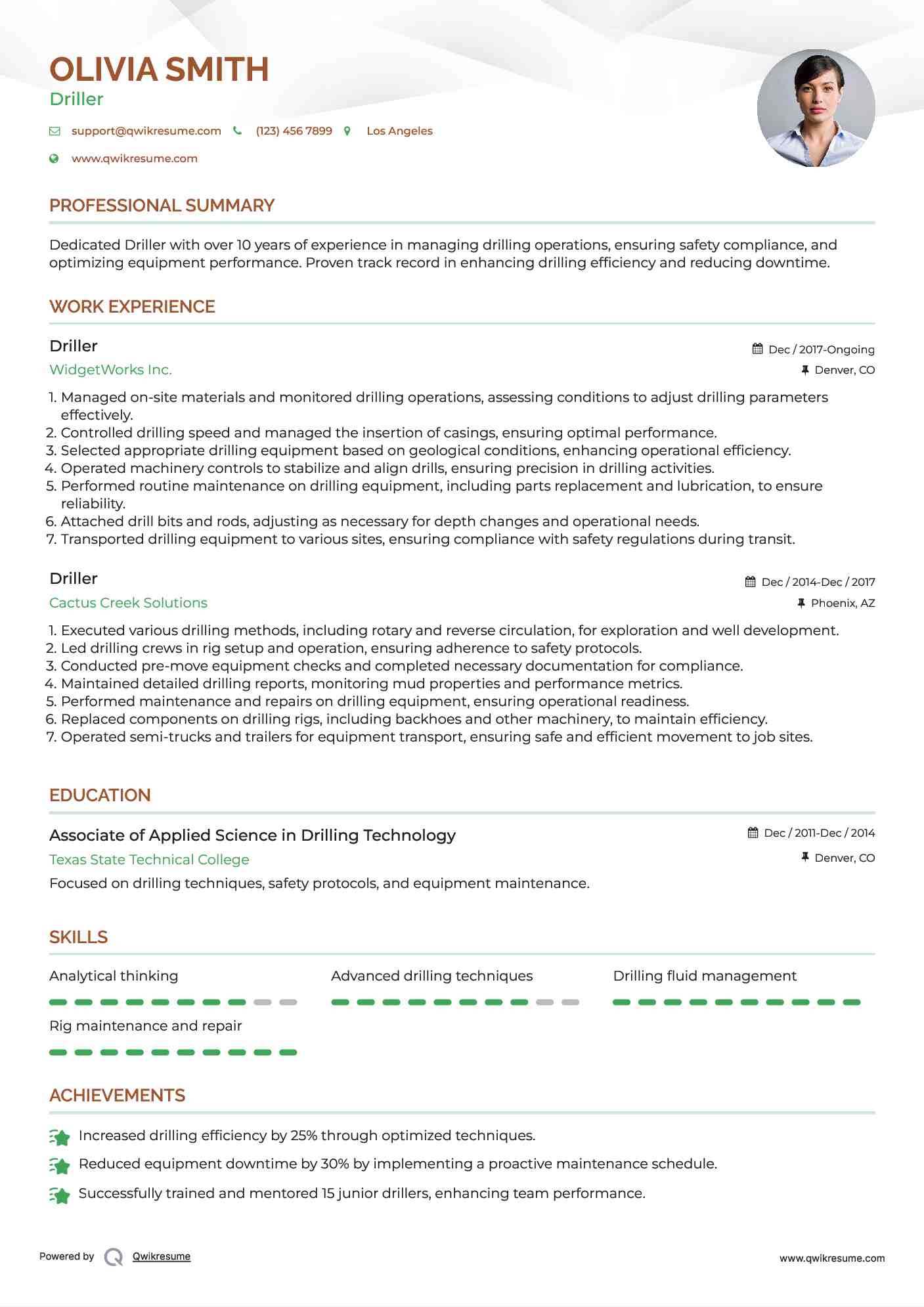 Driller Resume Sample