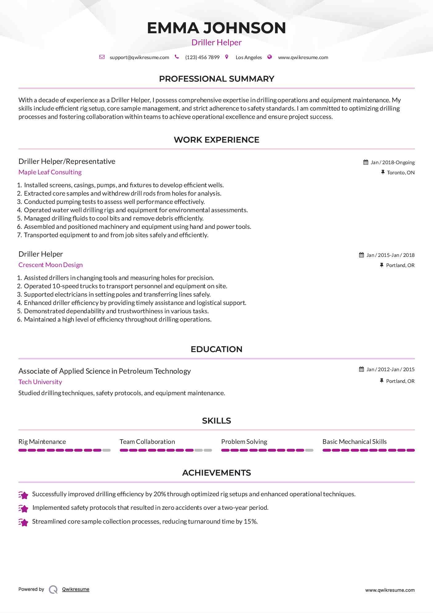 Driller Helper/Representative Resume Model