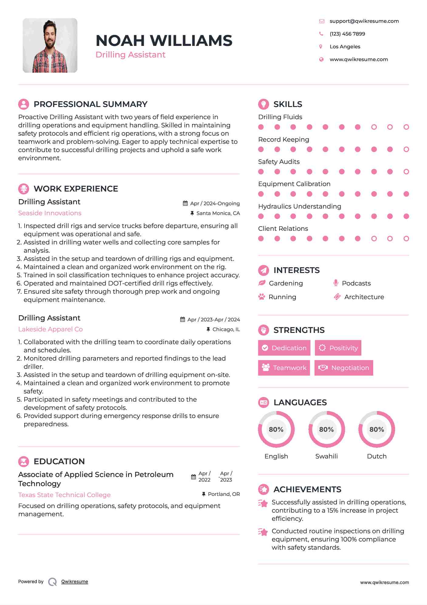 Drilling Assistant Resume Sample