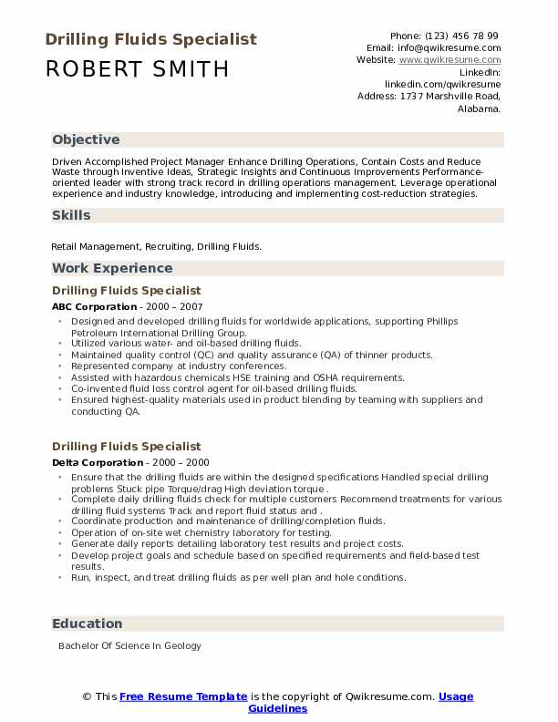 Drilling Fluids Specialist Resume Samples QwikResume