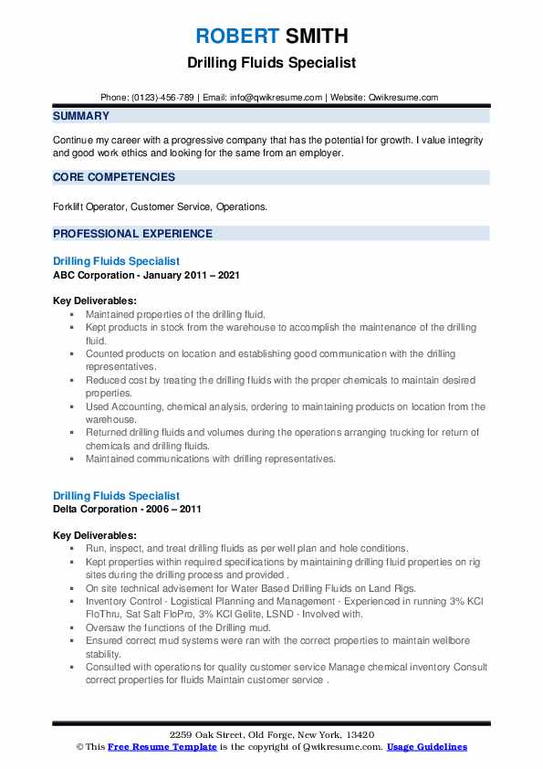 Drilling Fluids Specialist Resume Samples QwikResume