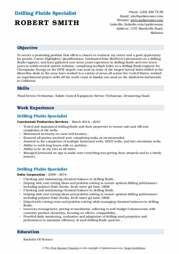 Drilling Fluids Specialist Resume Samples QwikResume