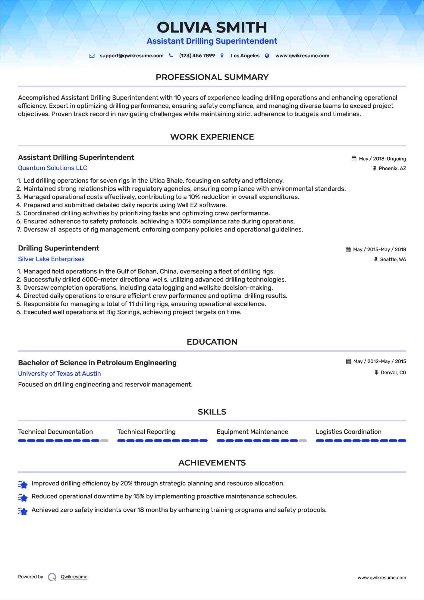Assistant Drilling Superintendent Resume Template