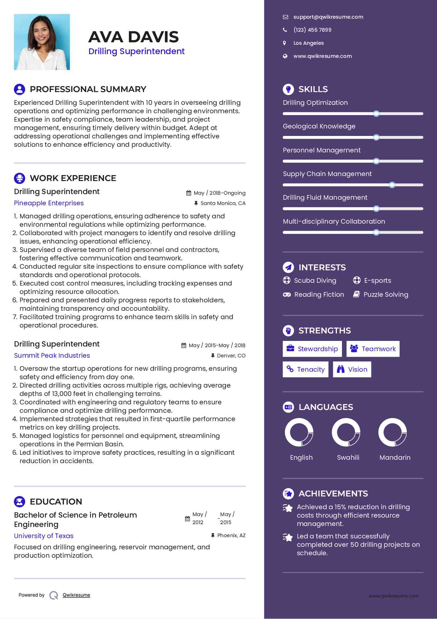 Drilling Superintendent Resume Example