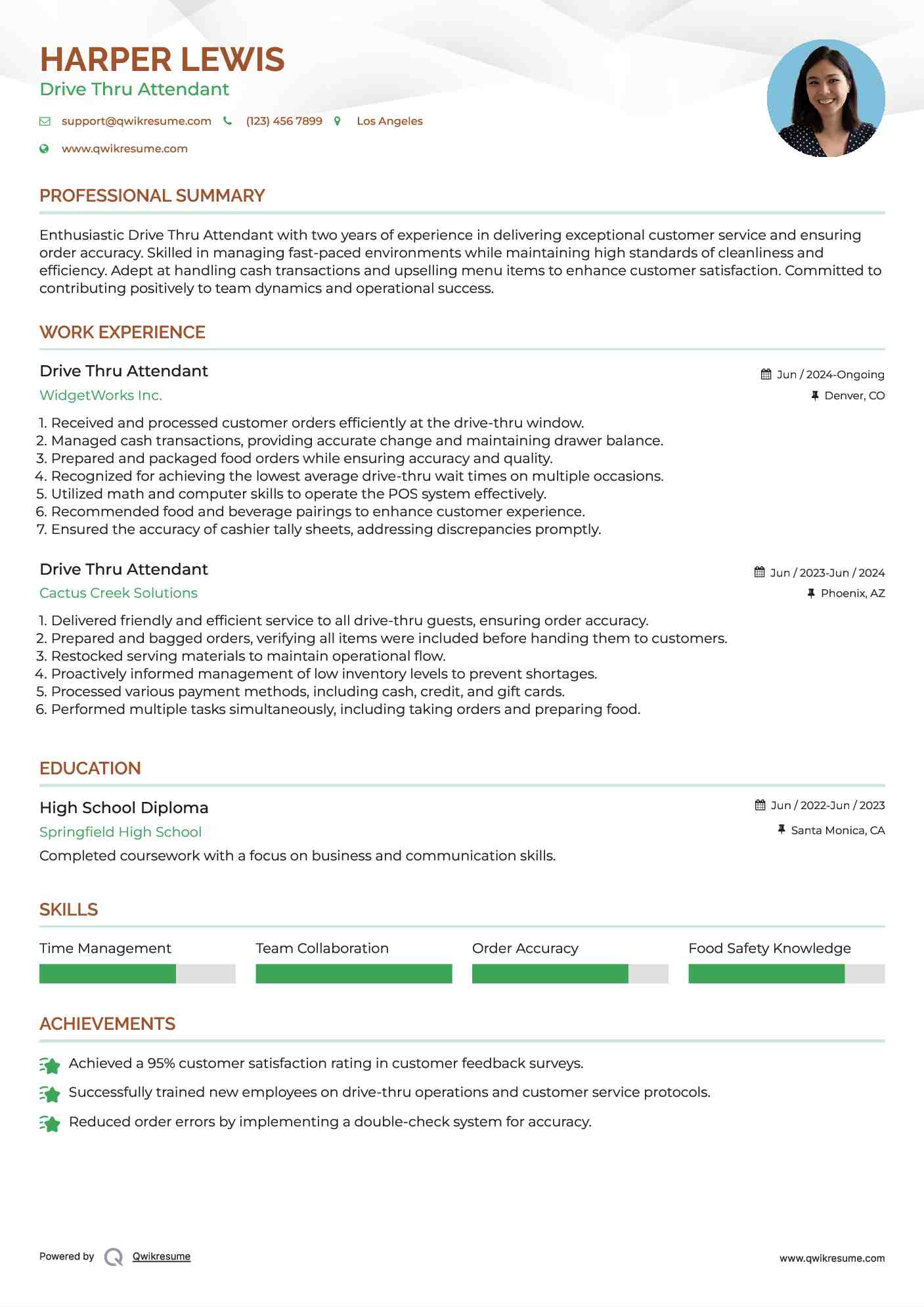 Drive Thru Attendant Resume Format