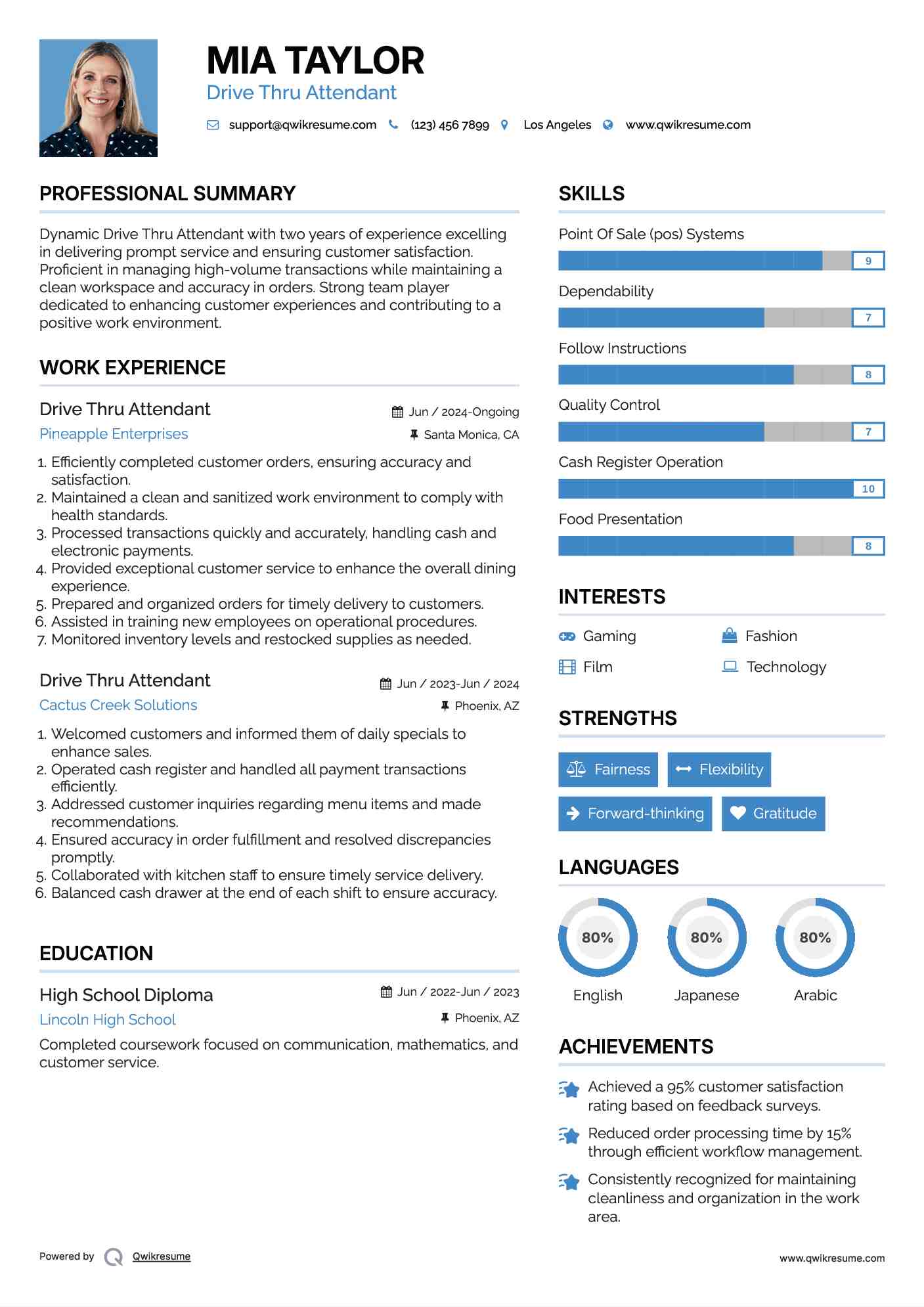 Drive Thru Attendant Resume Samples QwikResume