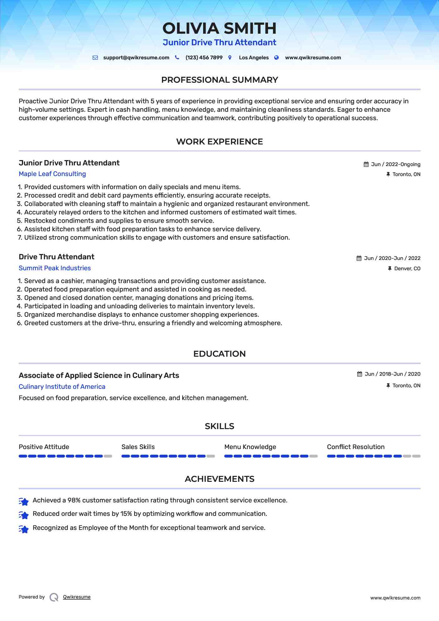 Drive Thru Attendant Resume Samples QwikResume