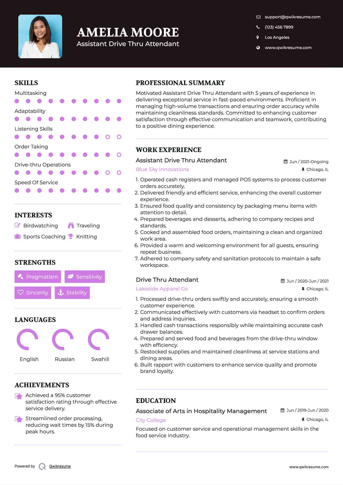 Assistant Drive Thru Attendant Resume Example