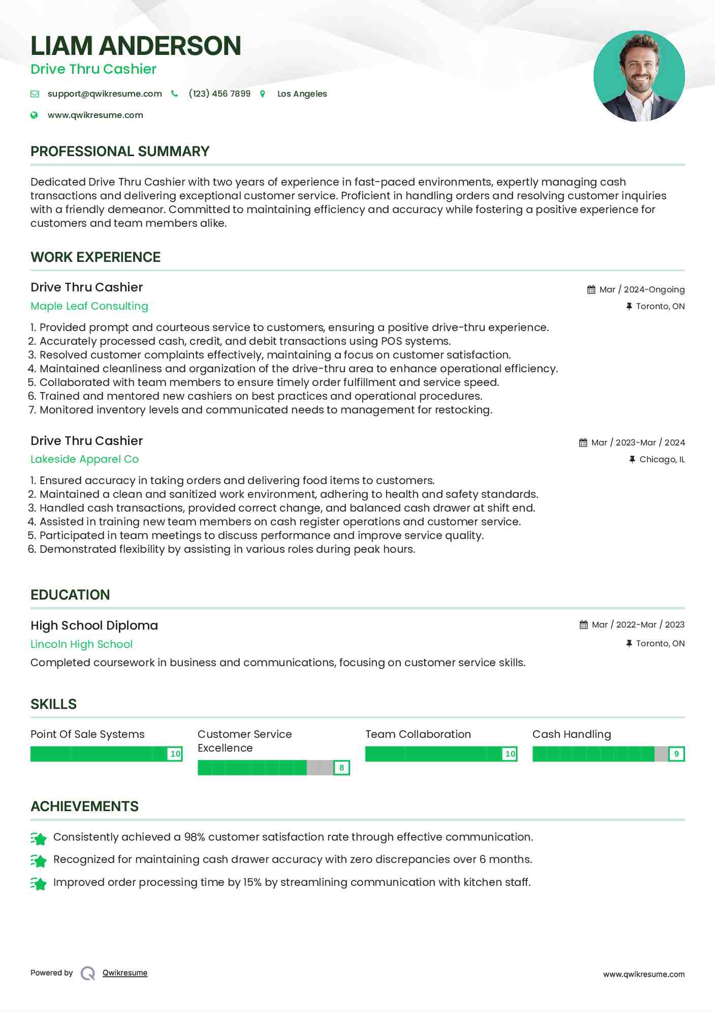 Drive Thru Cashier Resume Sample