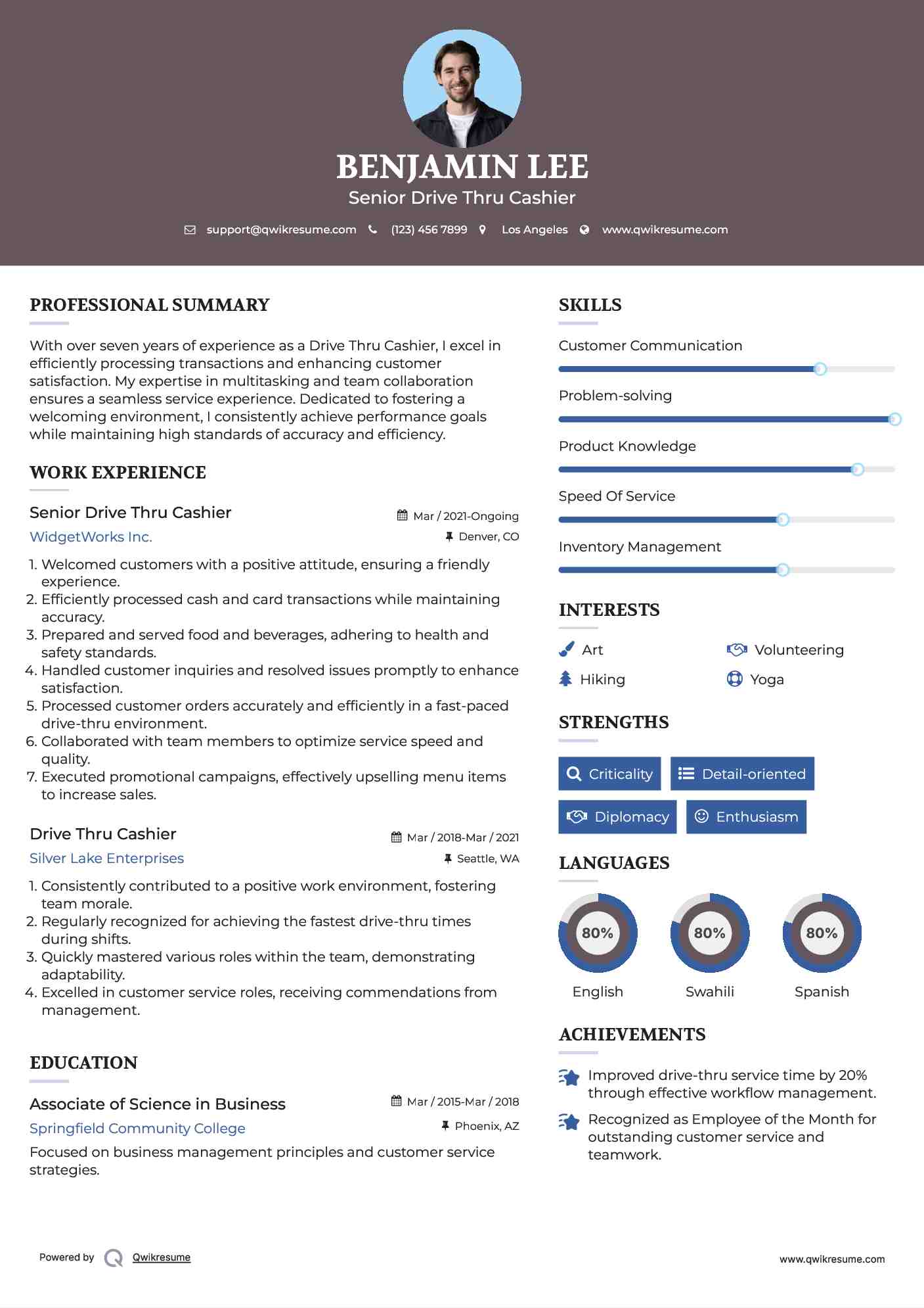 Senior Drive Thru Cashier Resume Sample
