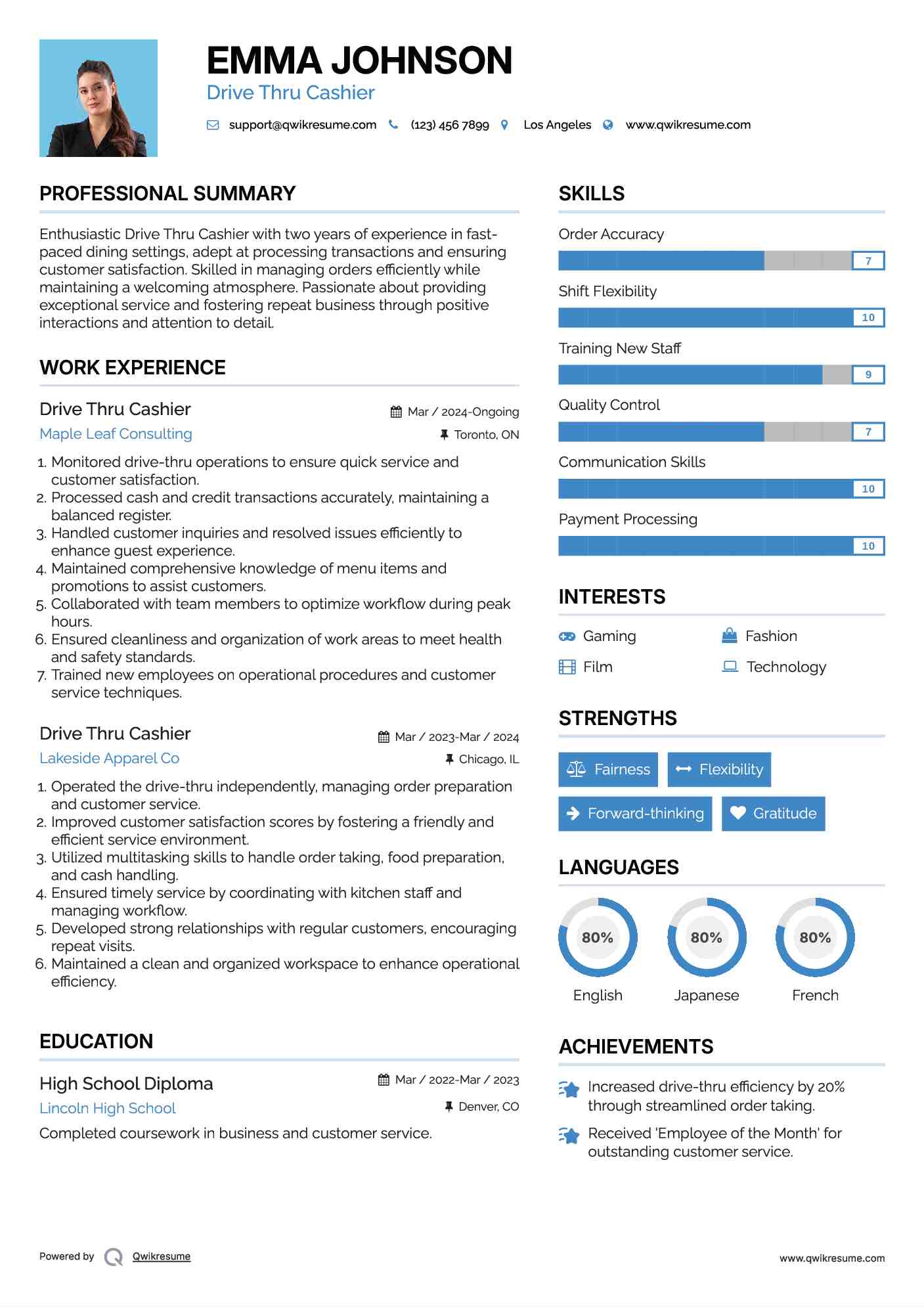 Drive Thru Cashier Resume Model
