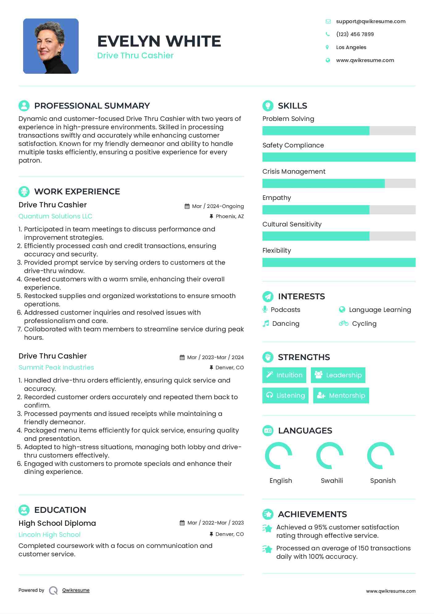 Drive Thru Cashier Resume Example