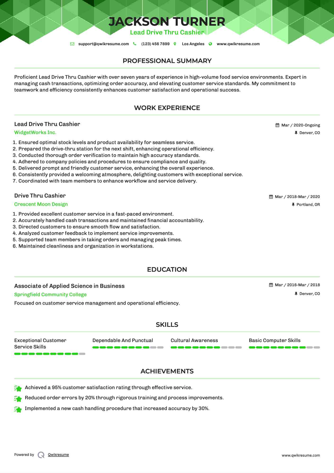 Lead Drive Thru Cashier Resume Sample