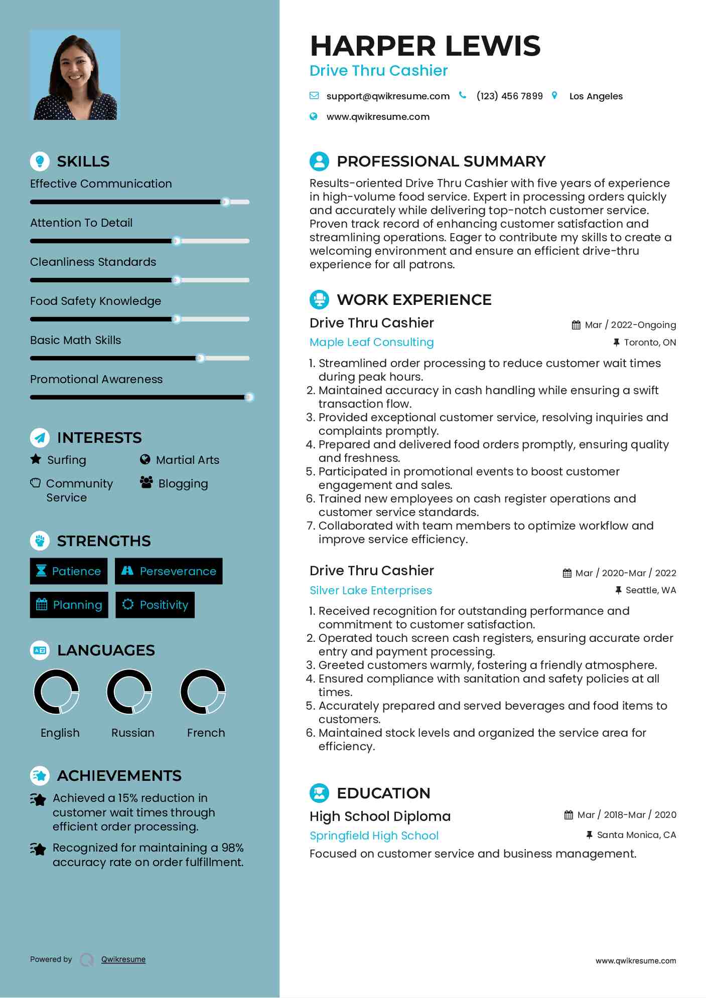 Drive Thru Cashier Resume Model
