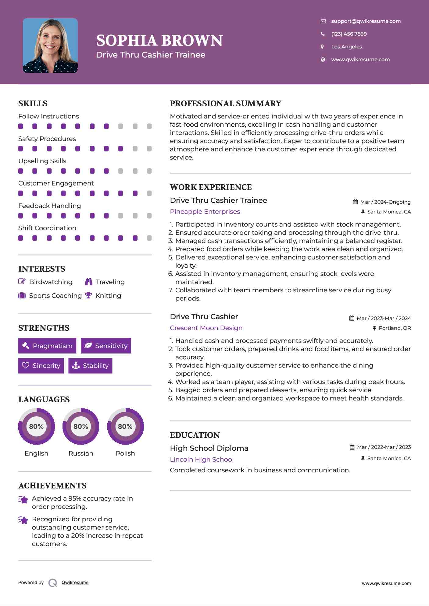 Drive Thru Cashier Trainee Resume Example