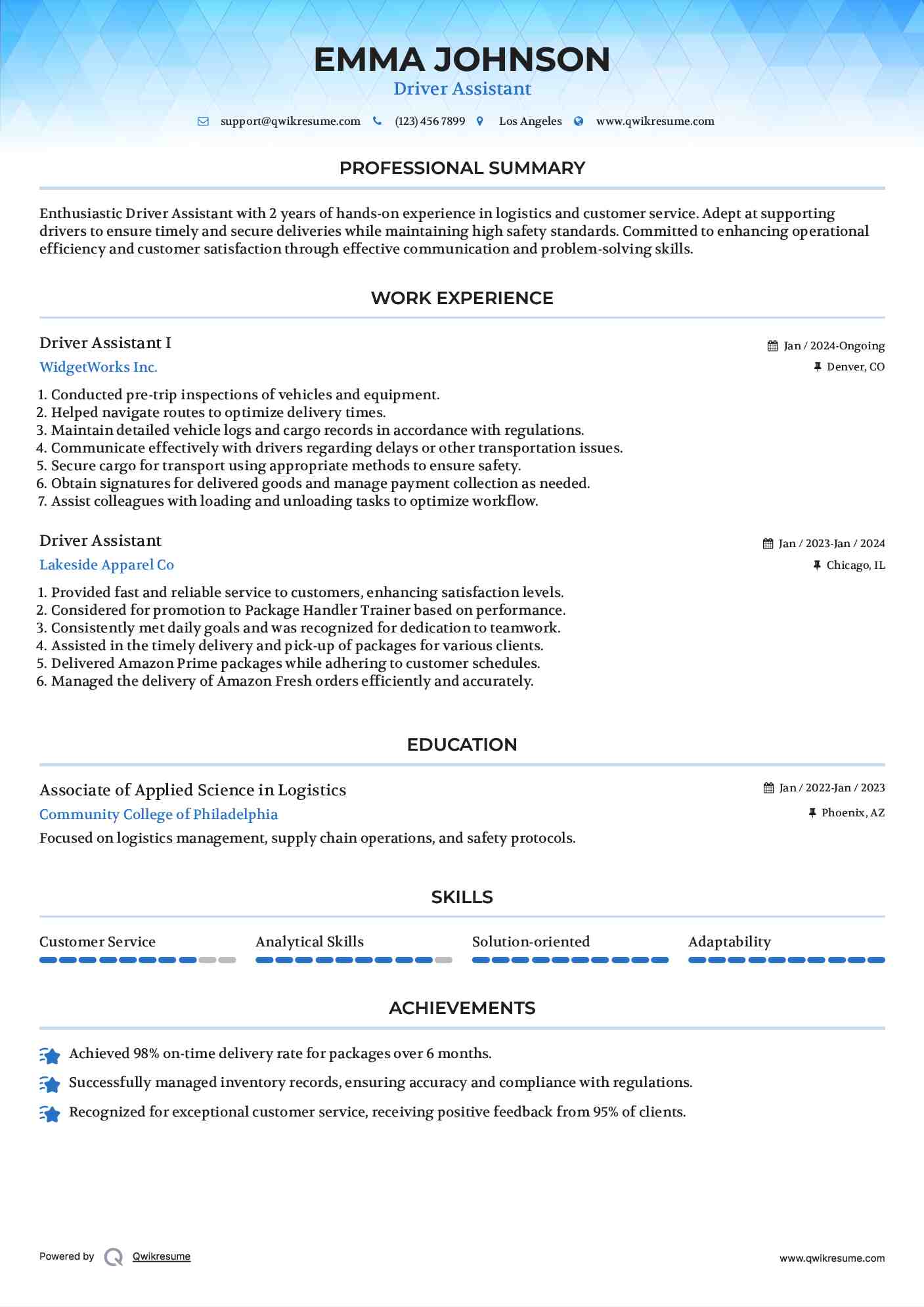 Driver Assistant I Resume Format