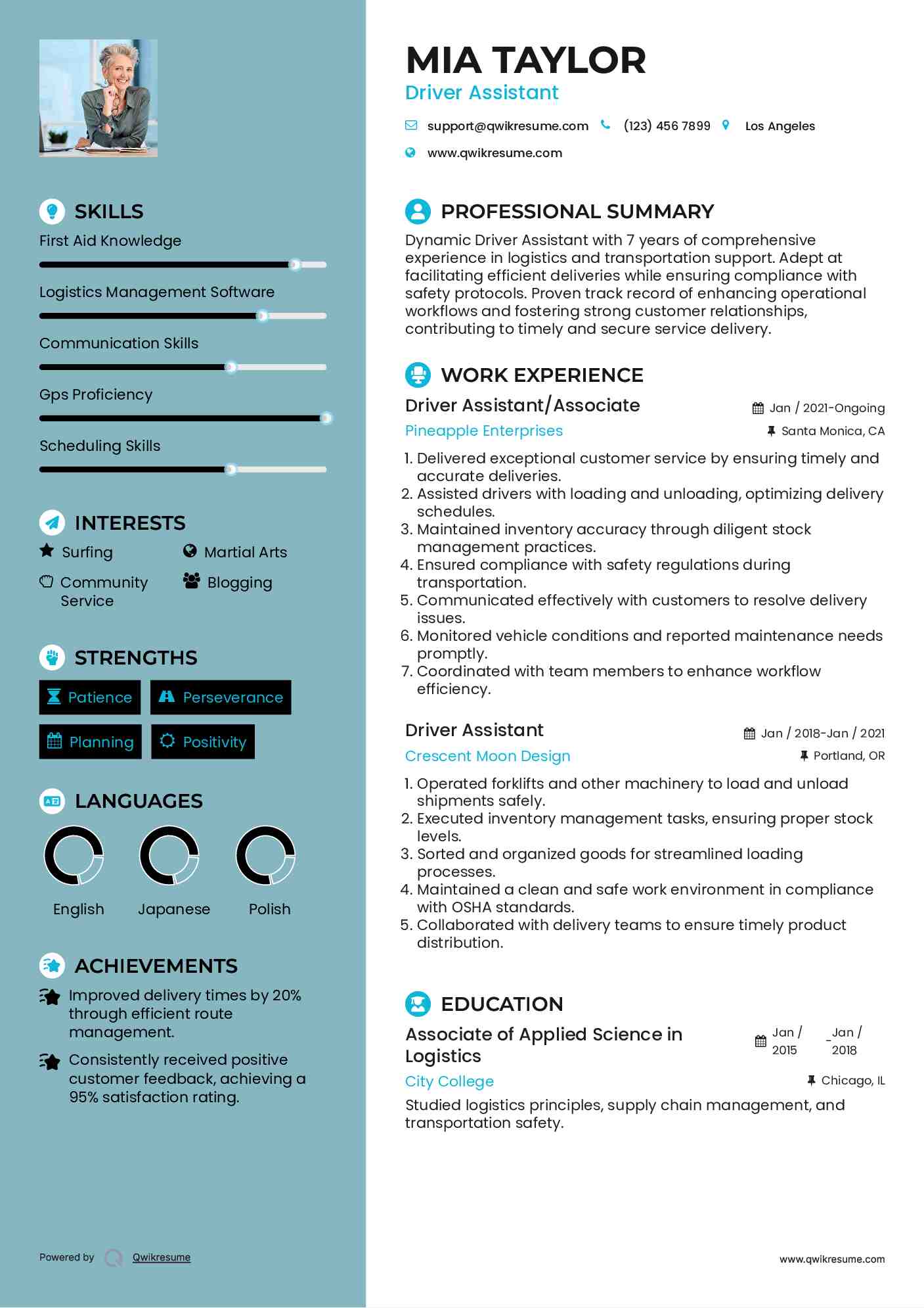 Driver Assistant/Associate Resume Format