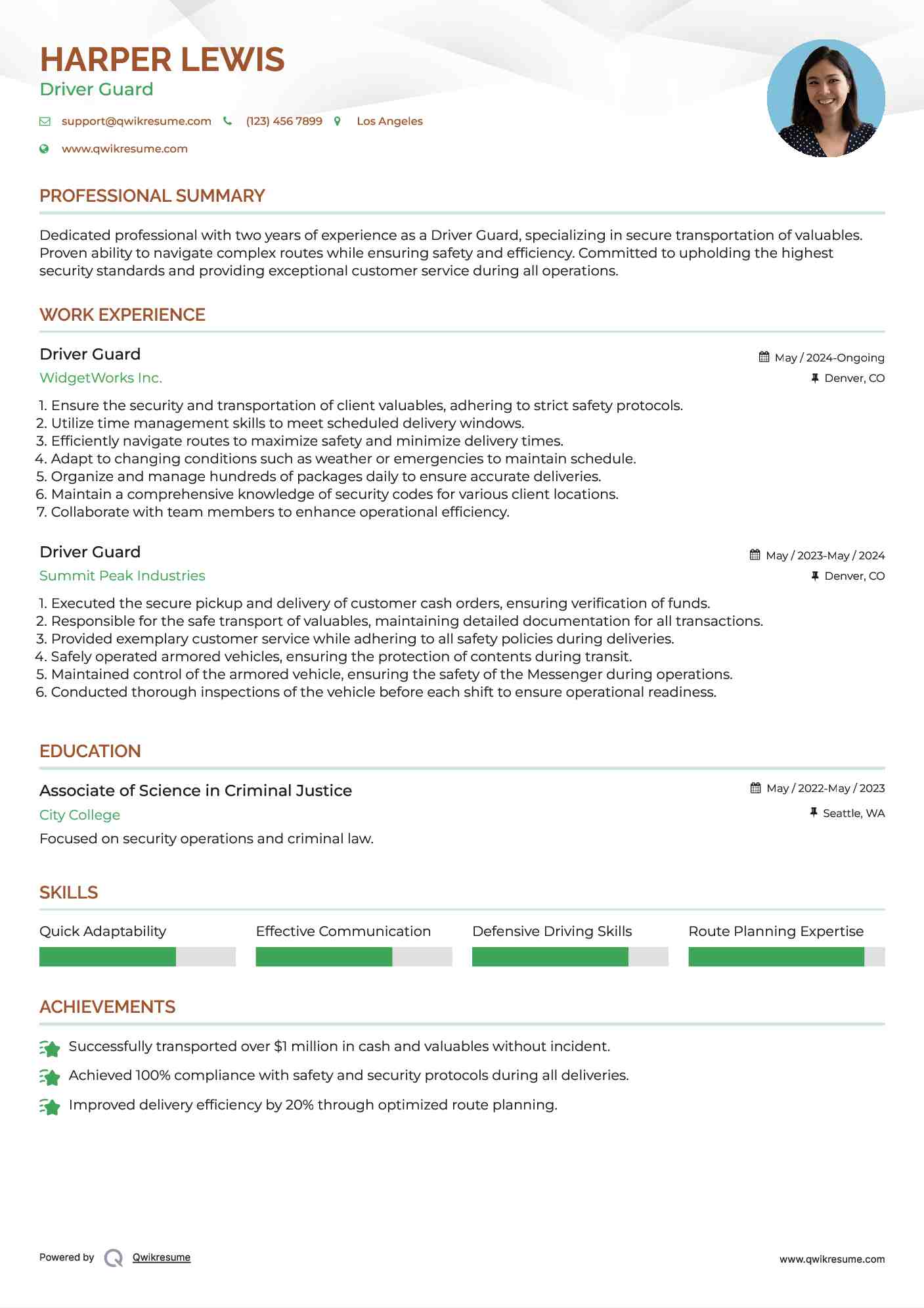 Driver Guard Resume Template