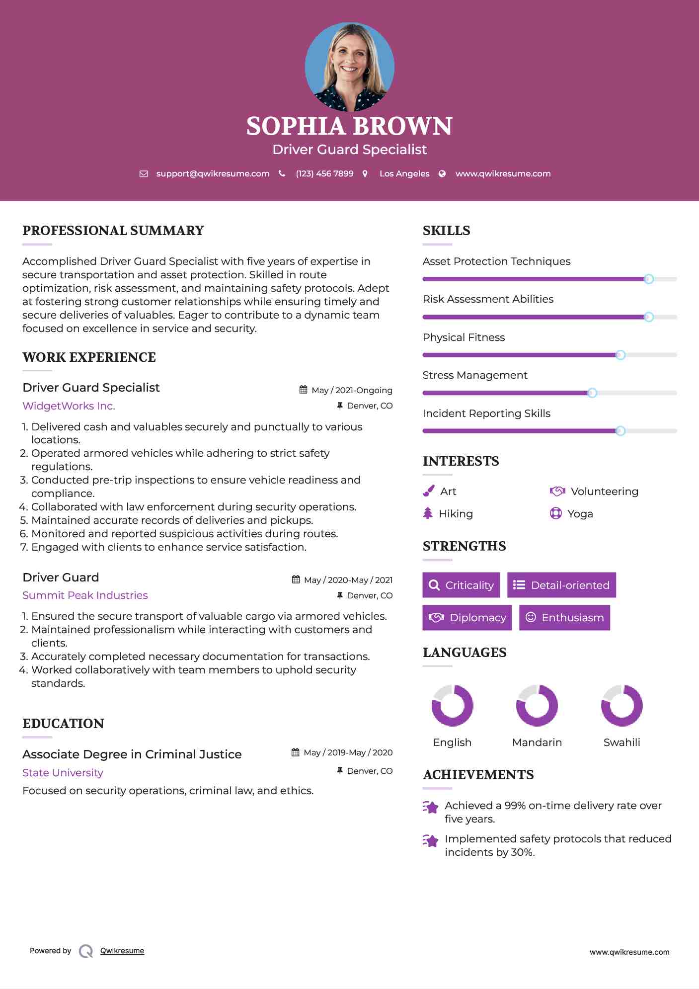 Driver Guard Specialist Resume Template