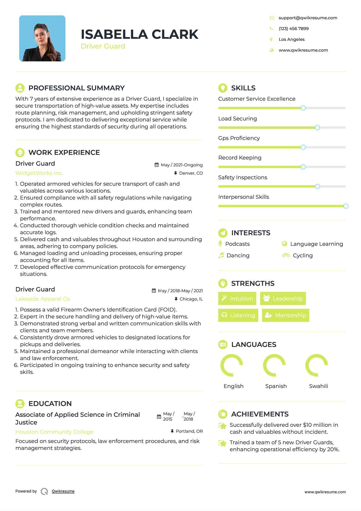 Driver Guard Resume Format