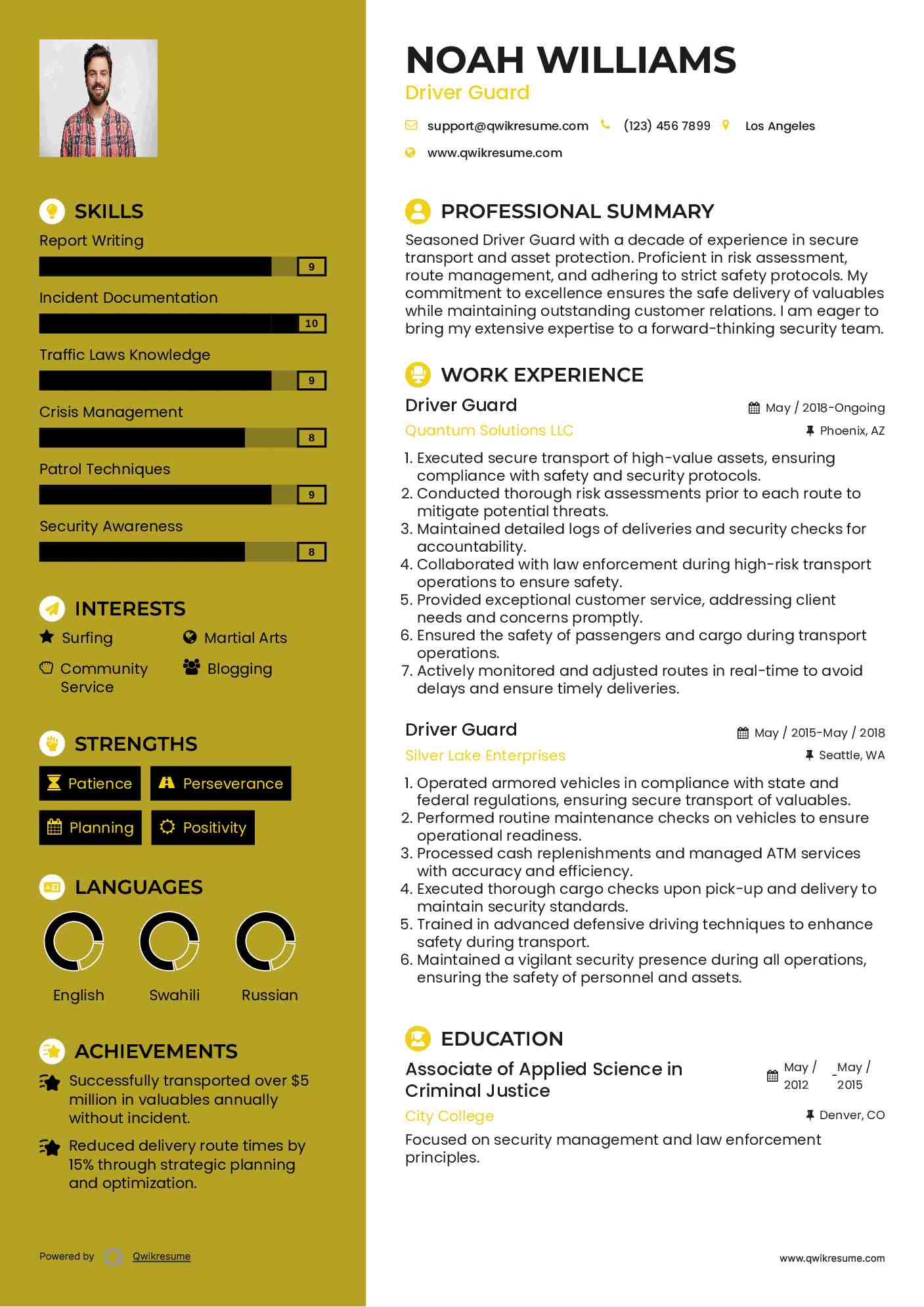Driver Guard Resume Format