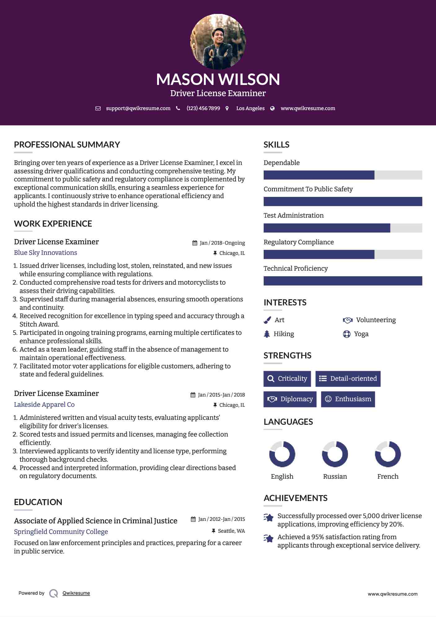 Driver License Examiner Resume Samples QwikResume
