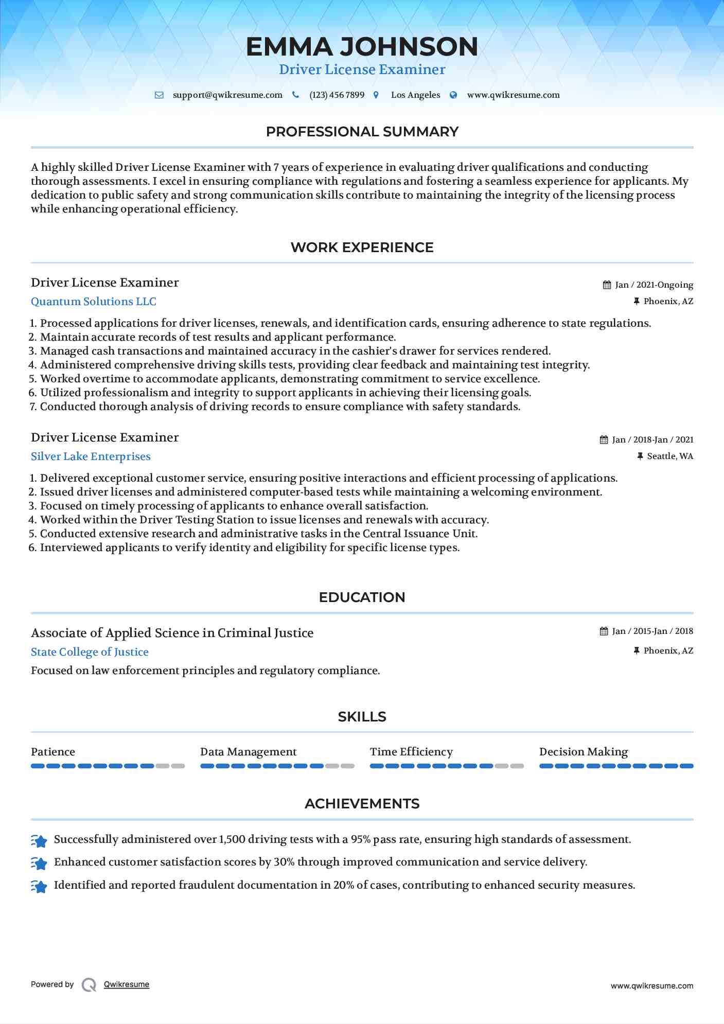 Driver License Examiner Resume Template