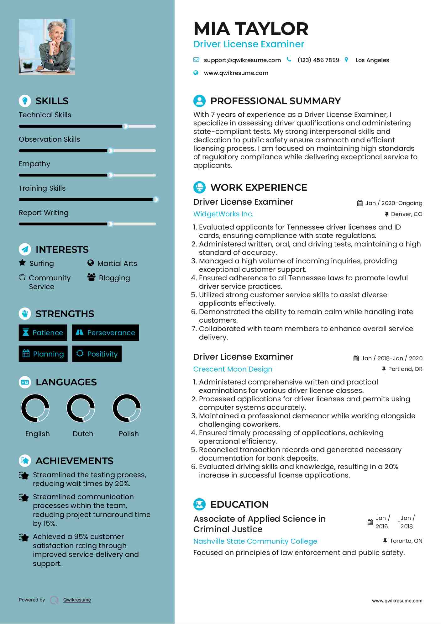 Driver License Examiner Resume Example