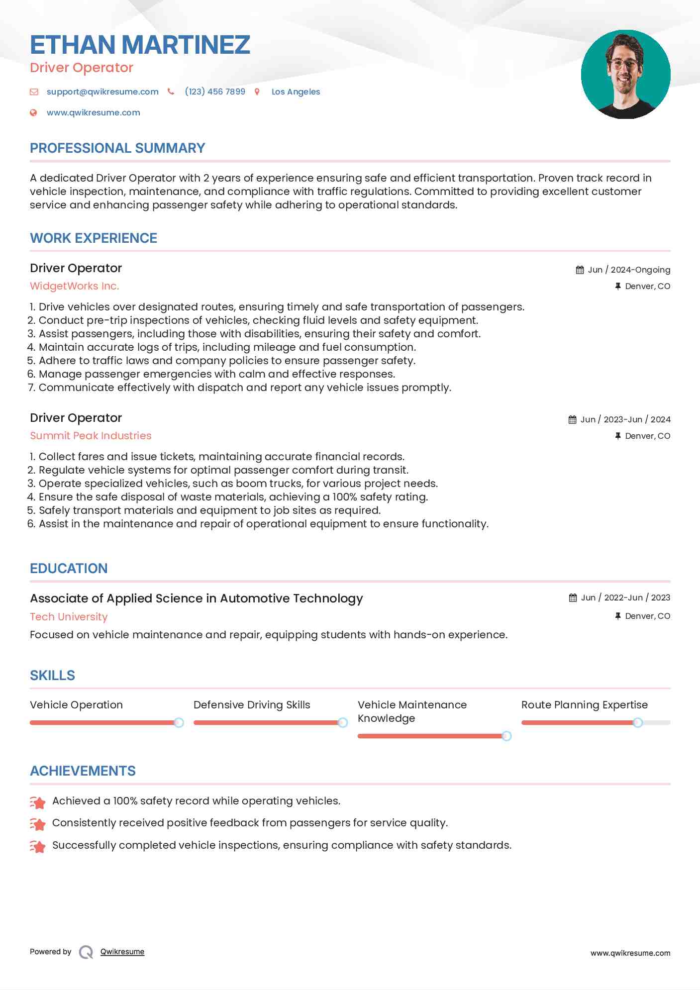 Driver Operator Resume Example