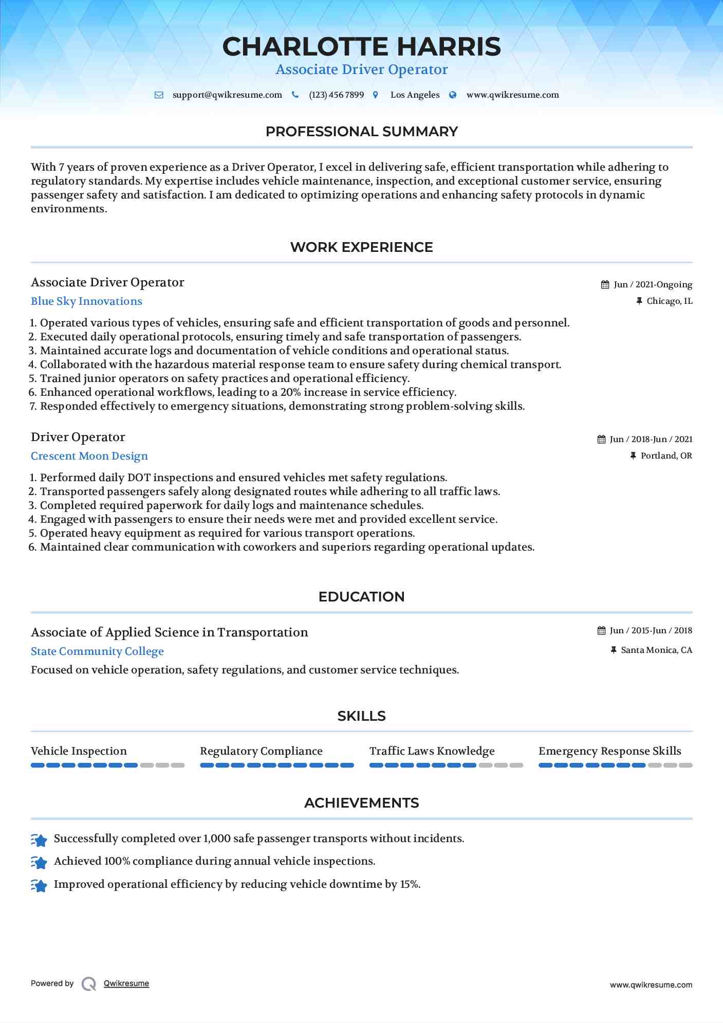 Associate Driver Operator Resume Model