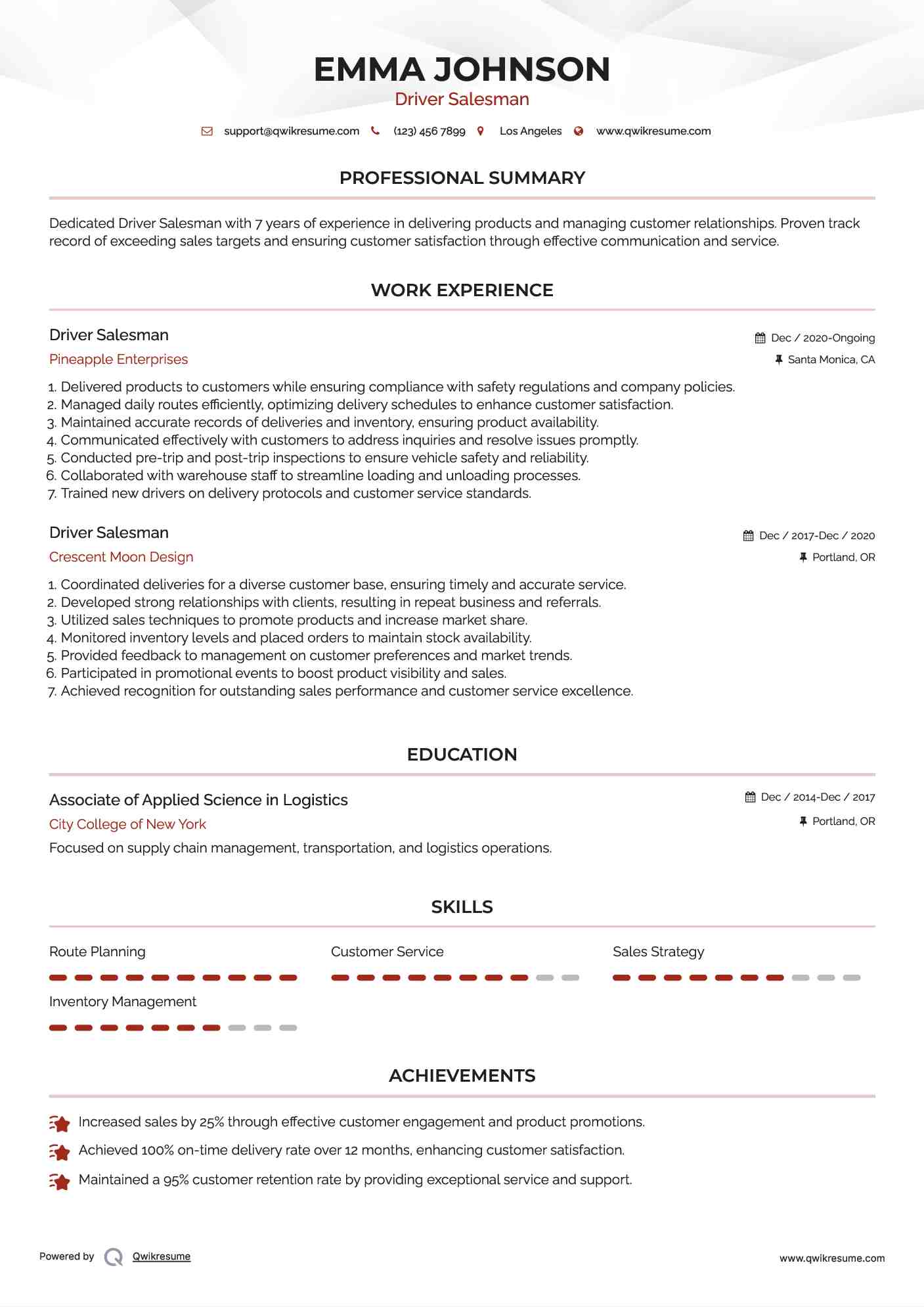 Driver Salesman Resume Template
