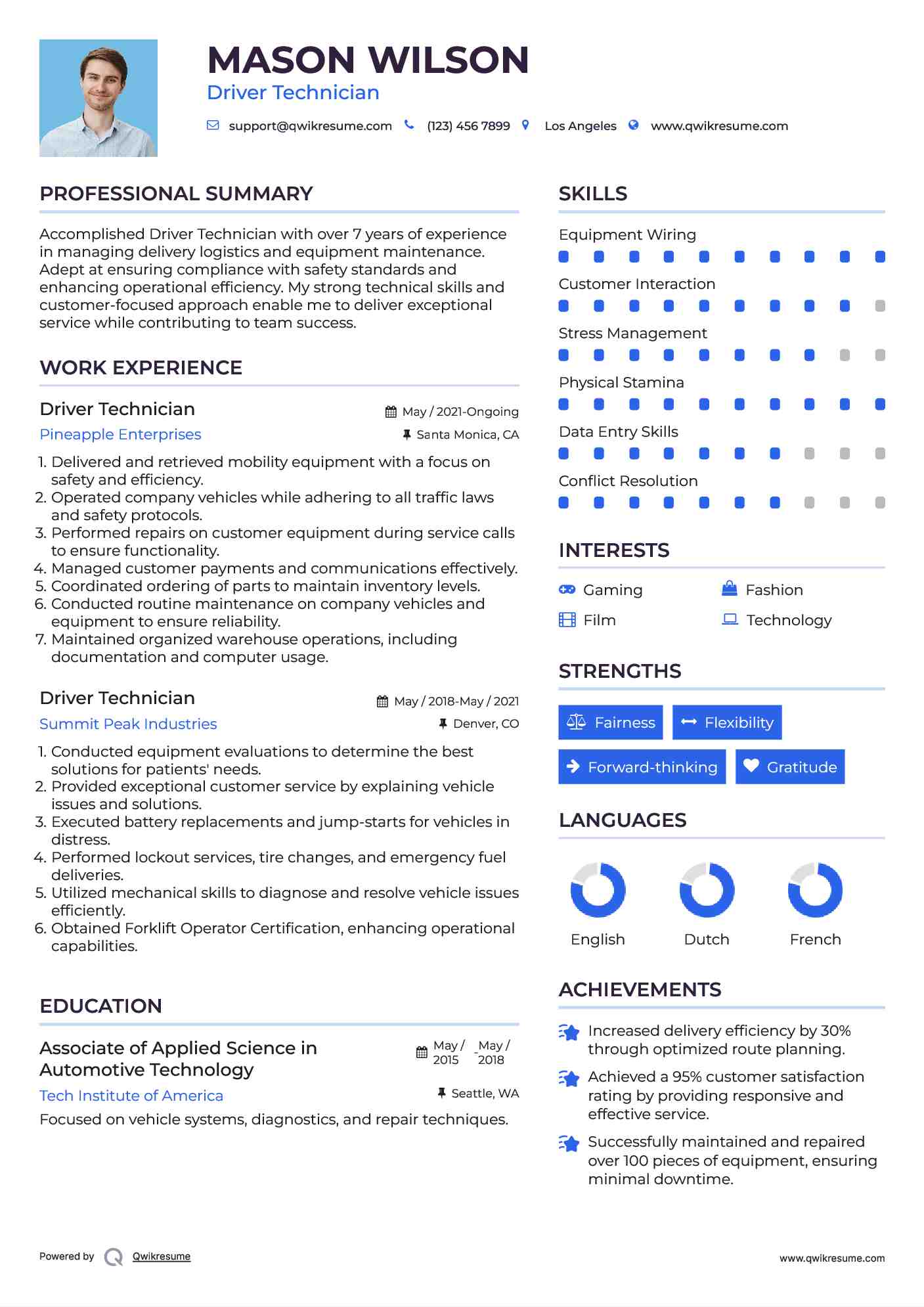 Driver Technician Resume Sample