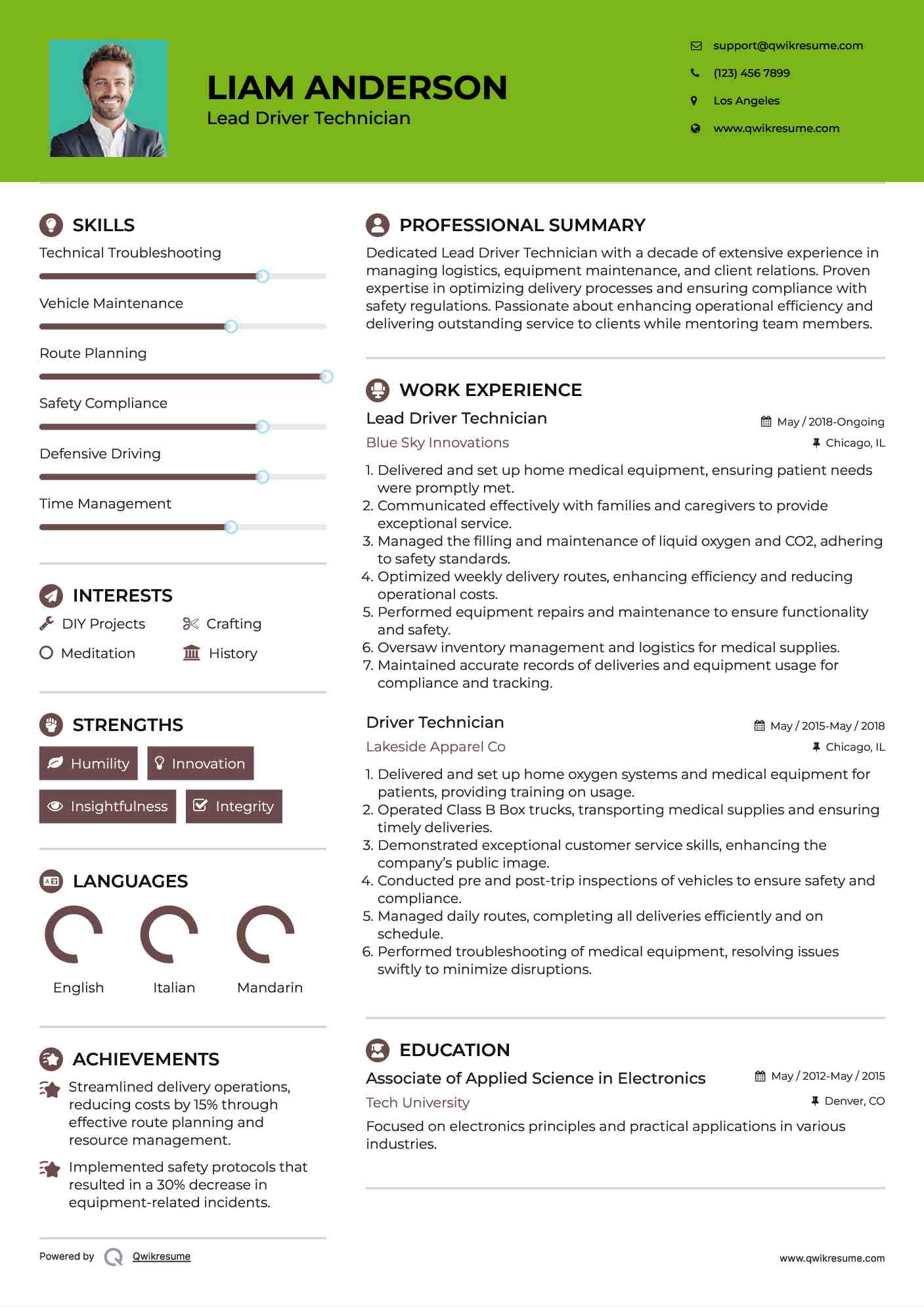 Lead Driver Technician Resume Format