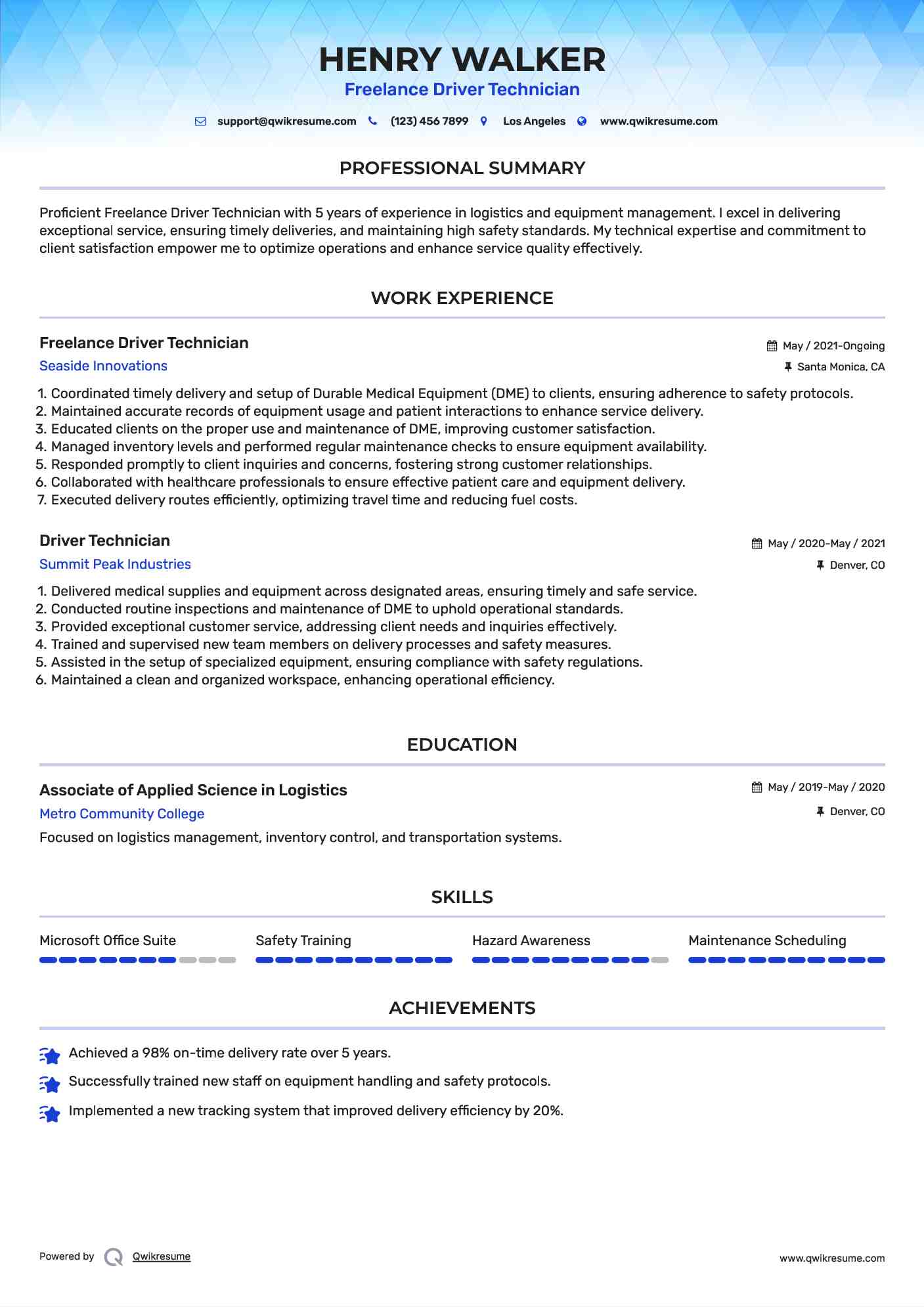 Freelance Driver Technician Resume Example