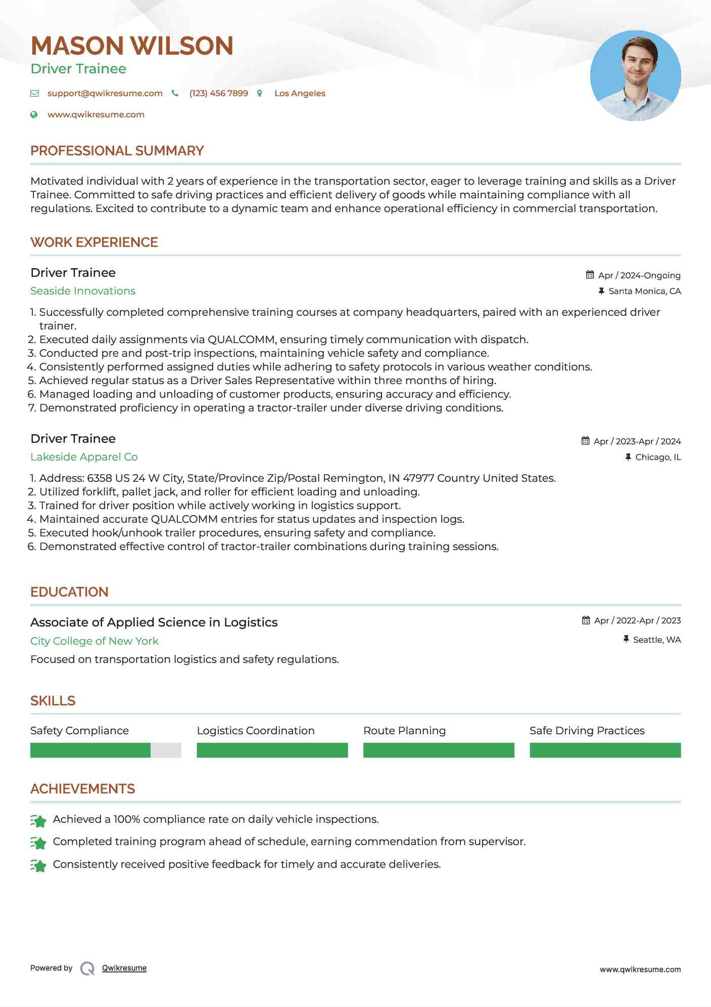Driver Trainee Resume Template