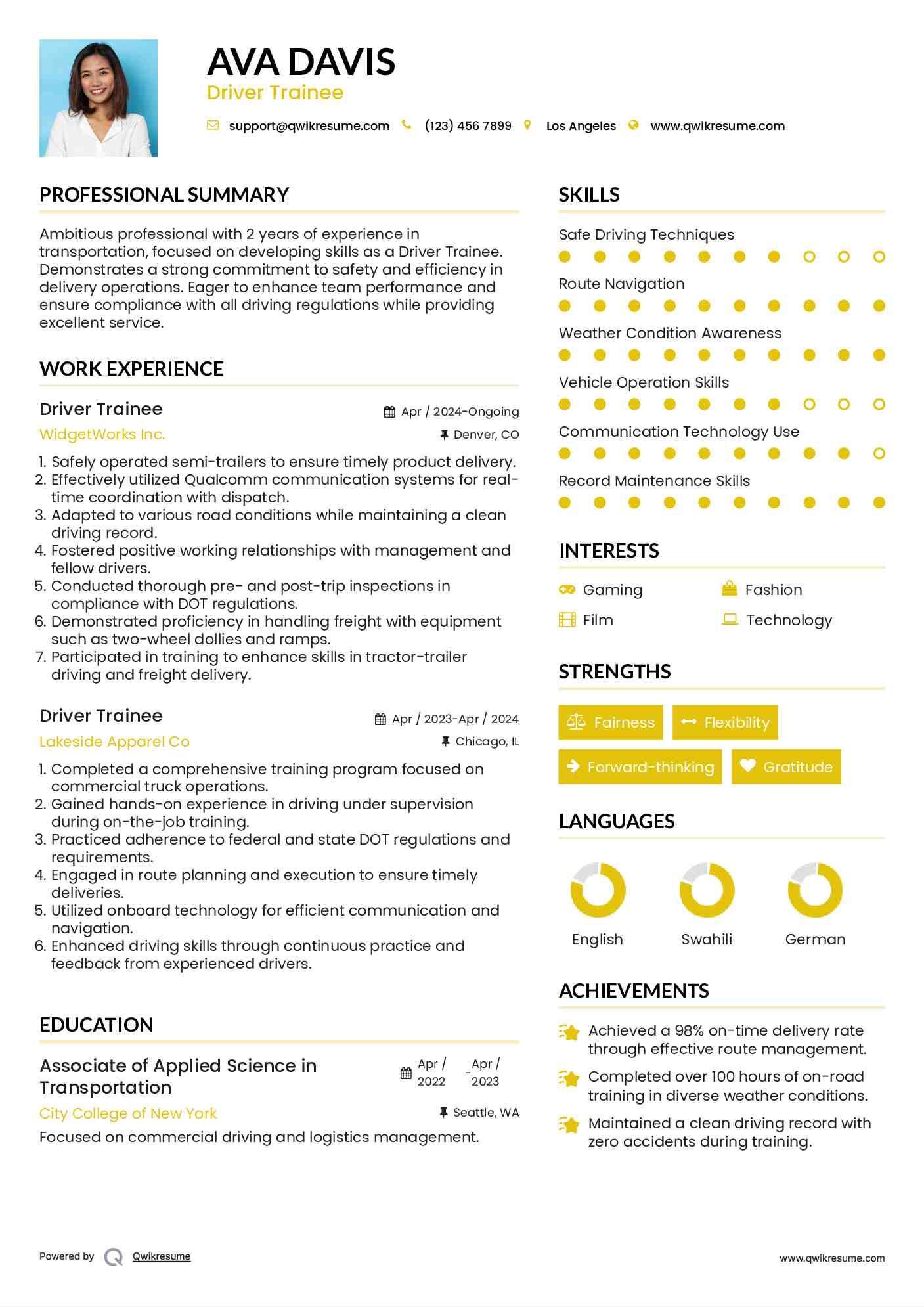 Driver Trainee Resume Sample