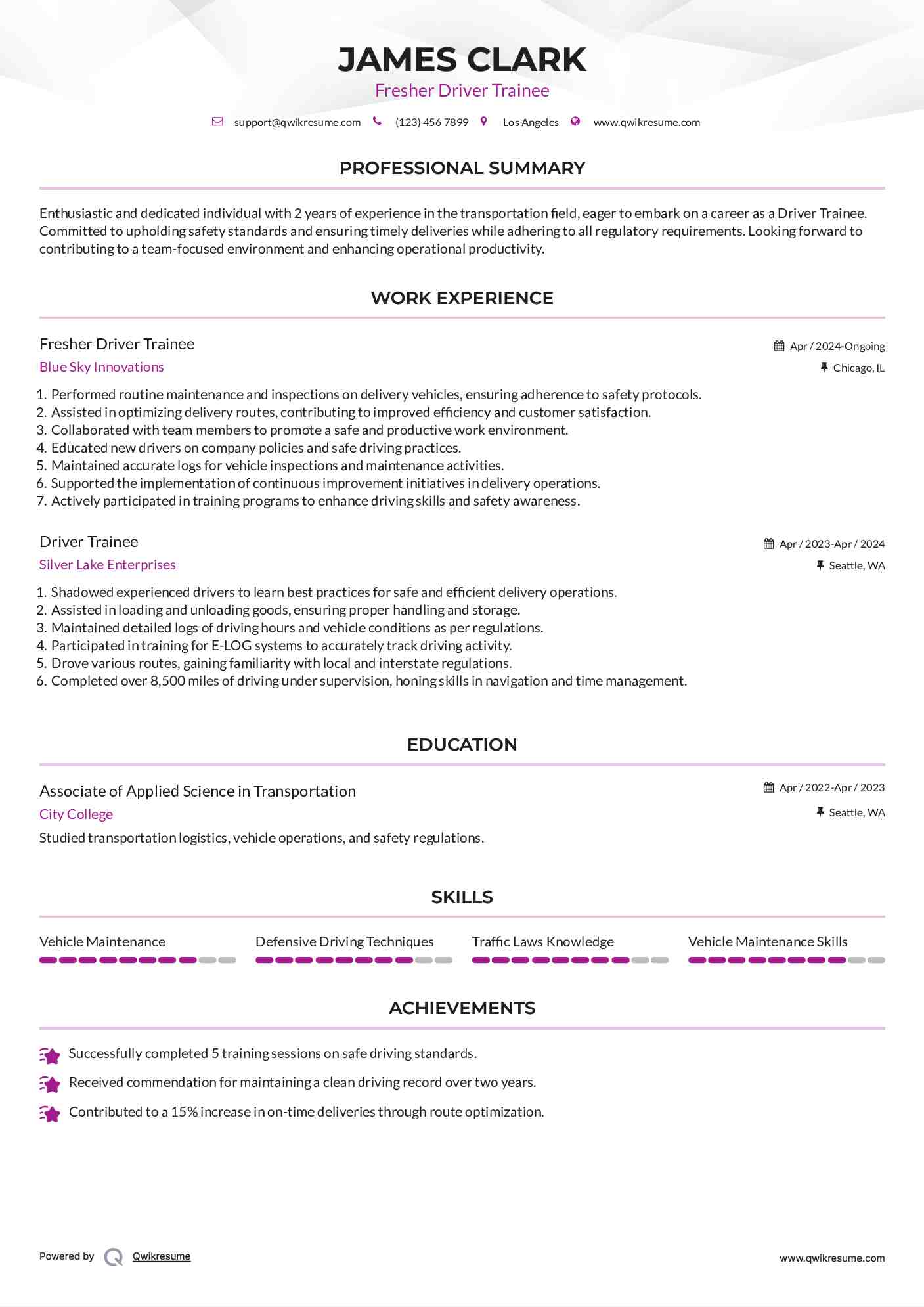 Fresher Driver Trainee Resume Example