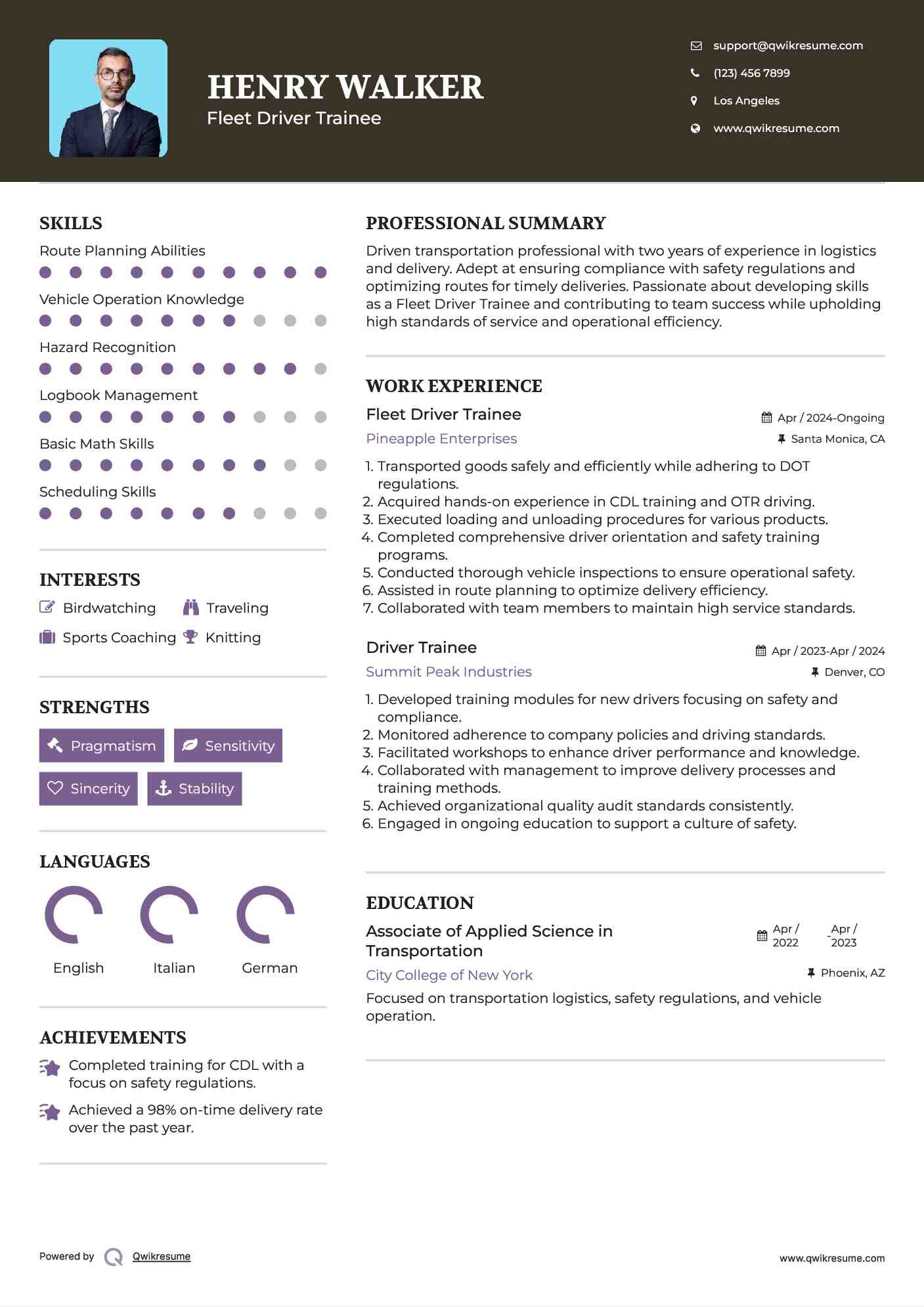 Fleet Driver Trainee

 Resume Sample