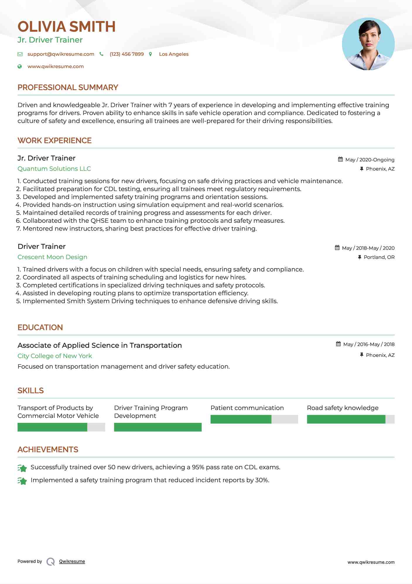 Jr. Driver Trainer Resume Model