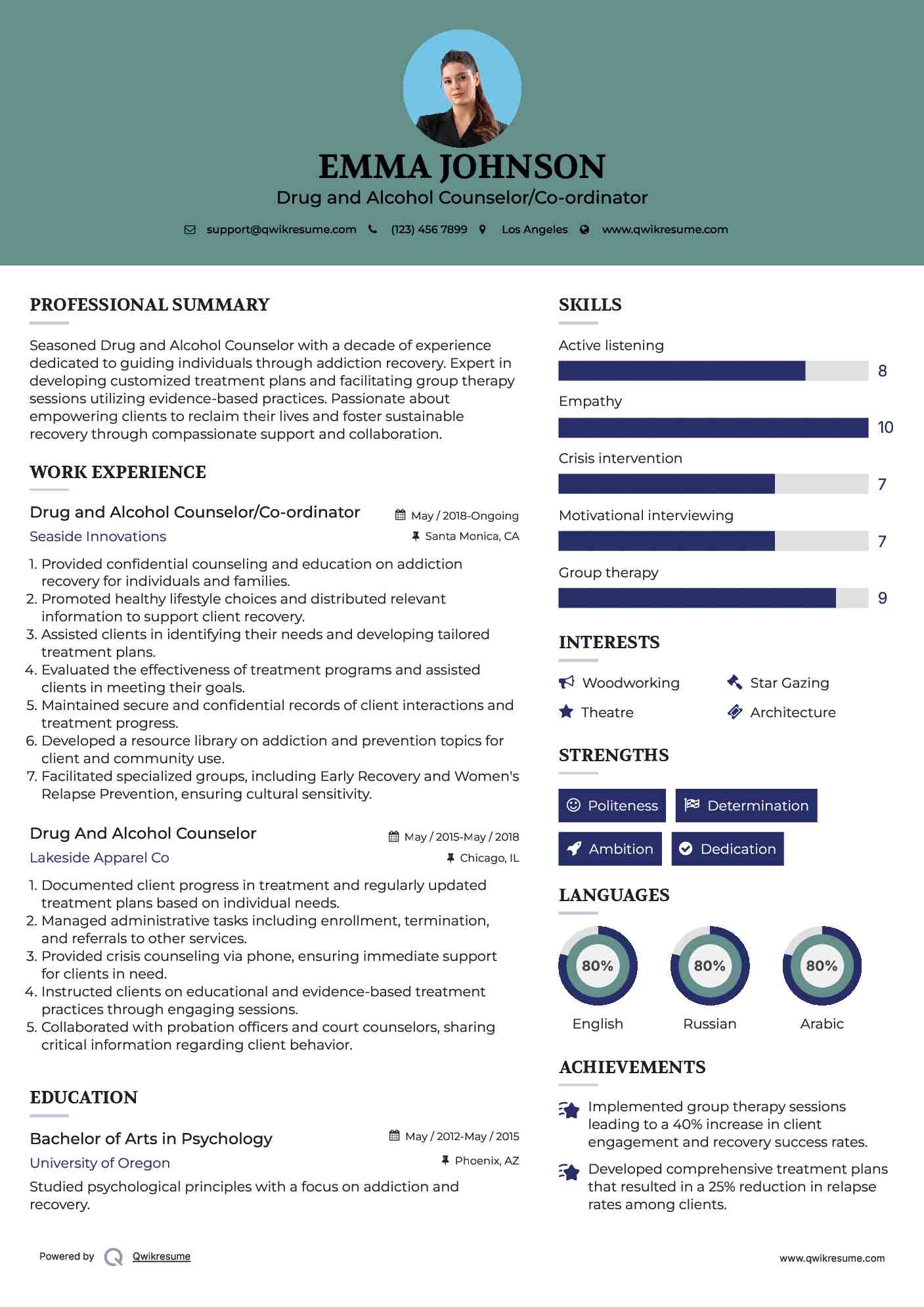 Drug and Alcohol Counselor/Co-ordinator Resume Example