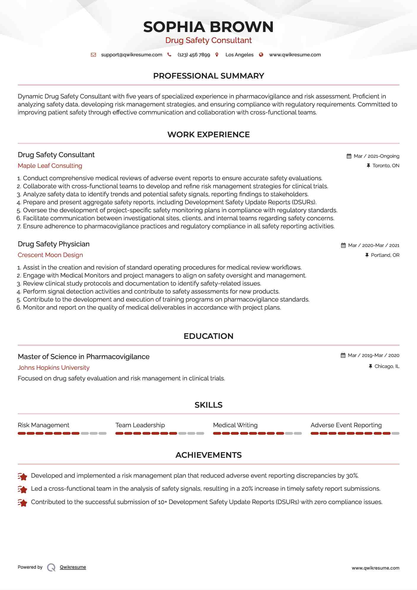 Drug Safety Consultant Resume Model