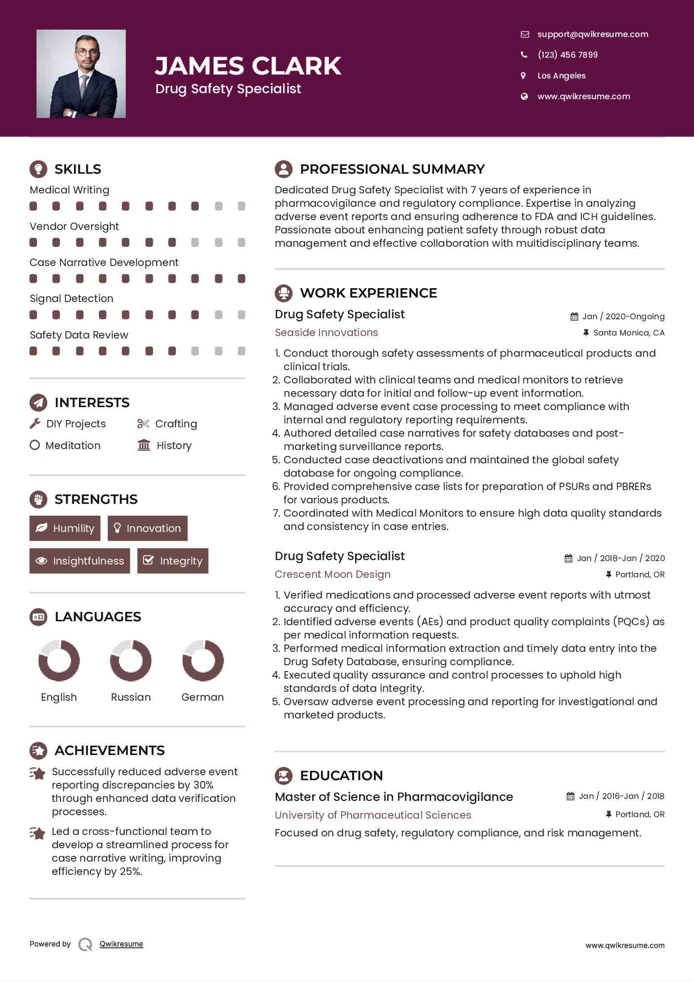 Drug Safety Specialist Resume Template